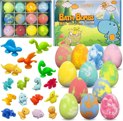 Bombas de baño para niños con juguetes sorpresa en el interior, paquete de 12 bombas de baño de huevos de dinosaurio con juguetes de ventosa de