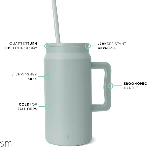 Miniatura 2 de Simple Modern - Vaso de 1,5 l con asa y tapa con pajita, botella de agua grande de acero inoxidable reutilizable con aislamiento, colección Trek