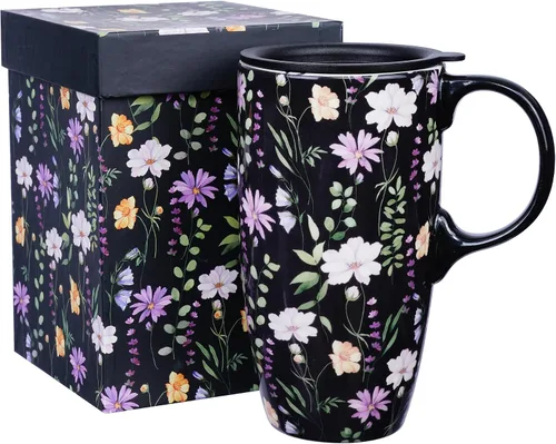 Topadorn Taza de viaje de cerámica reutilizable de 17 onzas con tapa y asa, taza de café de cerámica con caja de color para los amantes del café,