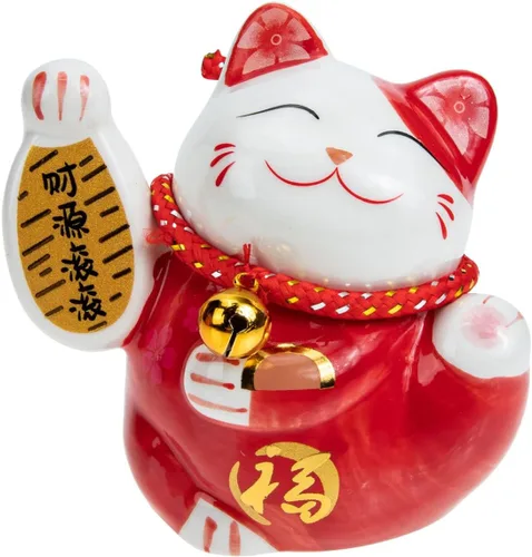 Tofficu Adorable banco de monedas de cerámica roja de gato de la suerte, decoración de Feng Shui, bonita decoración de habitación, gato chino de