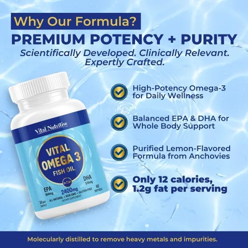Miniatura 3 de Vital Omega 3 Suplementos de aceite de pescado de 2400 mg 864 mg de EPA y 576 mg de DHA 1440 mg de ácidos grasos omega-3 totales Promueve