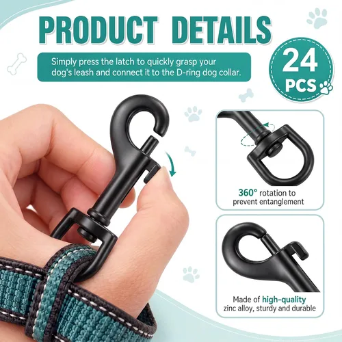 Miniatura 3 de Therwen 24 ganchos giratorios de acero inoxidable para correa de perro, llavero, correa de cámara, multiusos de 2.76 pulgadas (negro, 0.109 in)