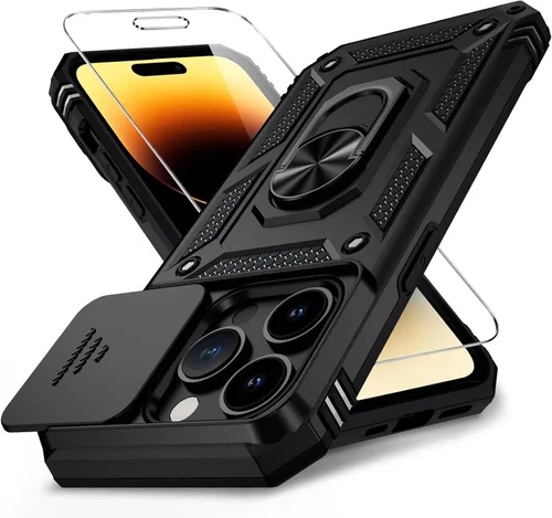 Funda para iPhone 14 Pro con cubierta para lente de cámara, protector de pantalla HD, protección contra caídas de grado militar de 10 pies, soporte
