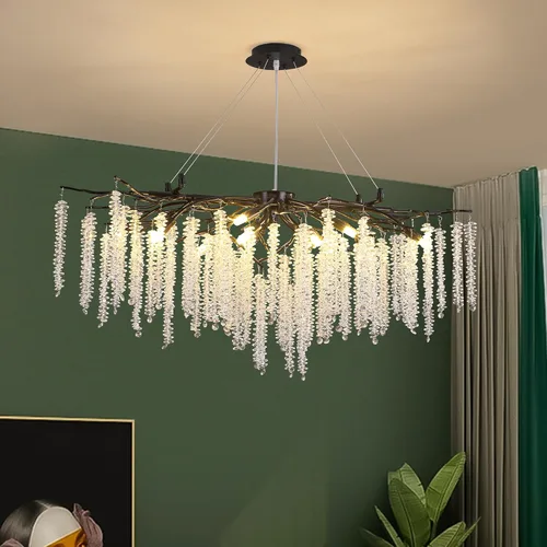 Miniatura 11 de Candelabro de Cristal Rama de Árbol Dorado Gota de Lluvia Redonda Lámpara Colgante con Borla Luminaria de Techo Colgante para Dormitorio Sala