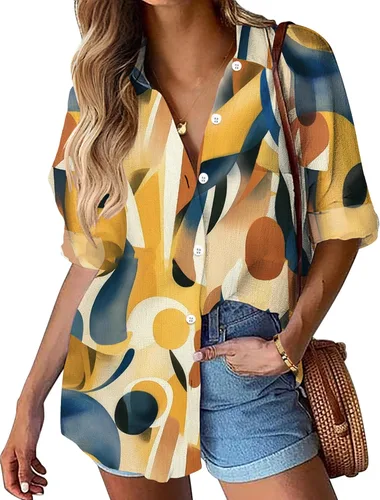 Miniatura 16 de HOTOUCH Camisa de manga larga con botones de lino para mujer, blusa de algodón casual, holgada, con cuello, para trabajo, de gasa, con bolsillo