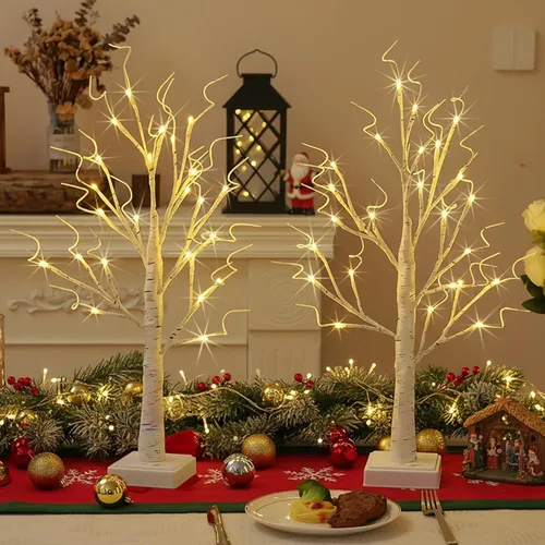 Paquete de 2 árboles iluminados para decoración de interiores con temporizador, 24 LED 2 pies árbol de abedul blanco iluminado lámpara de mesa para