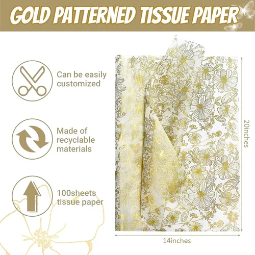 Miniatura 2 de TTLLQQ 40 hojas, 20 x 26 pulgadas, papel de seda impreso con estilo floral dorado para cajas de regalo, envoltura de regalo, manualidades, bodas