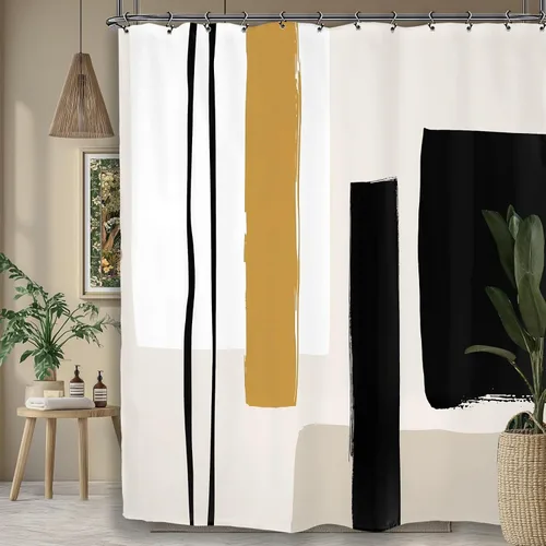 Cortina de regadera geométrica abstracta neutra para baño, negra, beige, pintura minimalista moderna, color tán, contemporánea, a rayas, 60 pulgadas