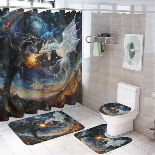 Miniatura 10 de Juego de 4 cortinas de ducha con diseño de dragón y luna de fantasía, juego de decoración de baño con alfombras, tapete de baño, cortina de ducha