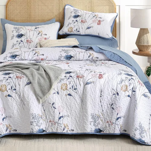 Miniatura 11 de WONGS BEDDING Juego de edredón floral verde azulado, tamaño Queen, juego de colcha de 3 piezas con patrón de plantas botánicas con 2 fundas