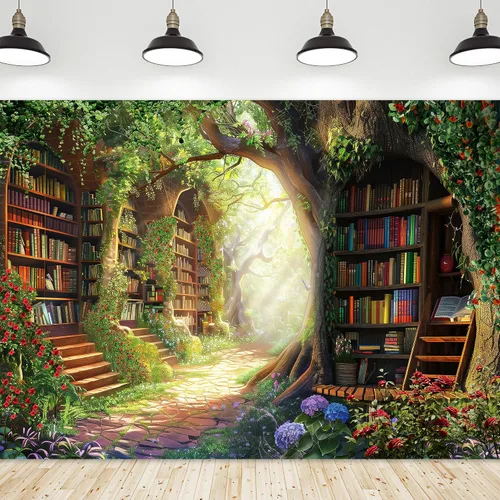Miniatura 9 de Riyidecor Fondo de Biblioteca de Hadas Tela de Poliéster Estantería Árbol Encantado Bosque 5 Pies de Ancho x 3 de Alto Verde Jardín Libro Planta