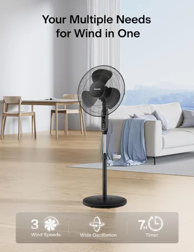 Miniatura 2 de PELONIS Ventilador de pedestal de 16 pulgadas para dormitorio, control remoto, ventilador de pie con temporizador de 7 horas, oscilación de 90°, 3