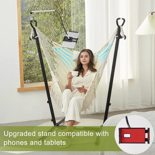 Miniatura 7 de Hamaca con soporte incluido con soporte para teléfono, silla doble colgante, macramé, estilo boho, hecha a mano, columpio ajustable para interiores