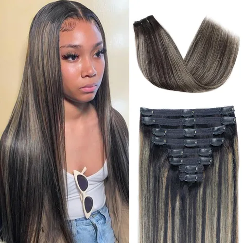 Miniatura 32 de Extensiones de cabello humano real con clip, 8 unidades, cabello humano Remy liso de seda suave natural, 4.23 oz, 20 pulgadas, negro natural #1B, 8