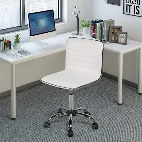 Miniatura 6 de Yaheetech Silla de trabajo ajustable de piel sintética con respaldo bajo acanalado sin brazos giratoria blanca silla de escritorio silla de oficina