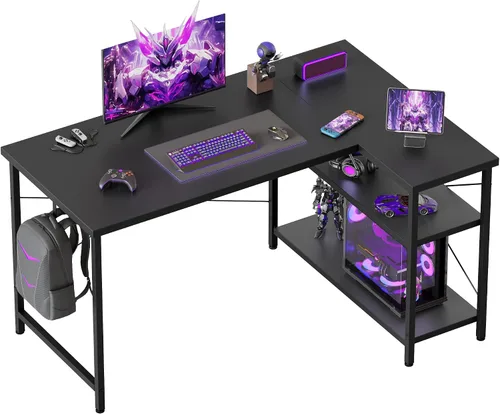 Miniatura 18 de Mericonia Escritorio pequeño en forma de L para computadora con tomas de corriente, escritorio de juegos para espacios pequeños, escritorio