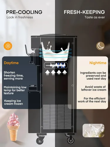 Miniatura 7 de Máquina de helado comercial de 5.8-7.9 galones/h, 3 sabores suaves con tolva de 14 L, máquina de helado de limpieza automática con panel LCD táctil