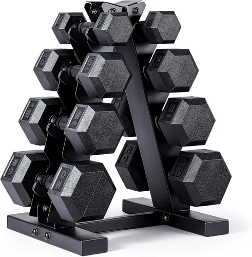 CAP Juego de mancuernas hexagonales con revestimiento de goma con estante de almacenamiento, opciones de 100 a 210 libras, almacenamiento compacto