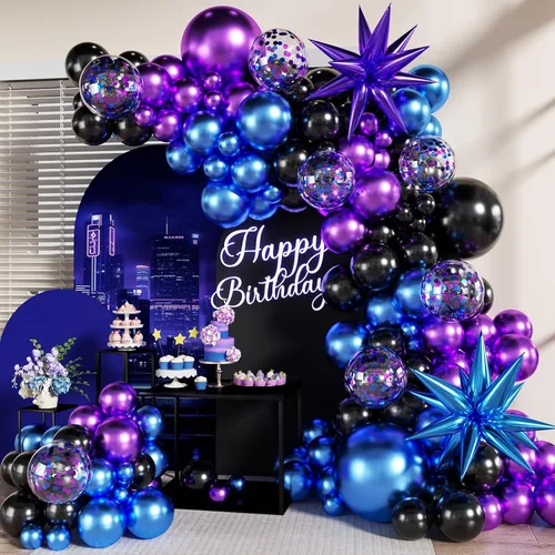 Miniatura 19 de Kit de arco de guirnalda de globos de color azul, blanco y plateado, 140 piezas globos de confeti azul marino claro metálico plateado y blanco