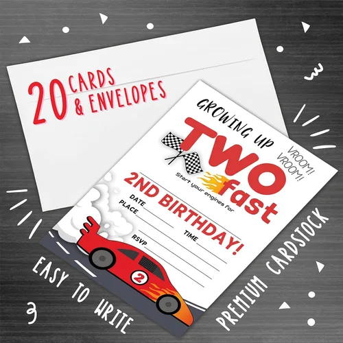 Miniatura 2 de Invitación de fiesta de cumpleaños de coche de carreras de 2ª, creciendo dos invitaciones rápidas de fiesta para niños, adolescentes, niños y niñas