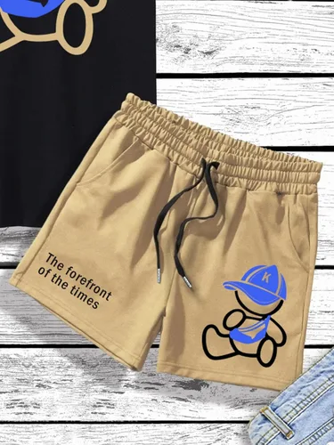 Miniatura 4 de COZYEASE Conjunto de 2 piezas para hombre, camiseta gráfica de manga corta, pantalones cortos con cordón y pantalones cortos de verano para la playa