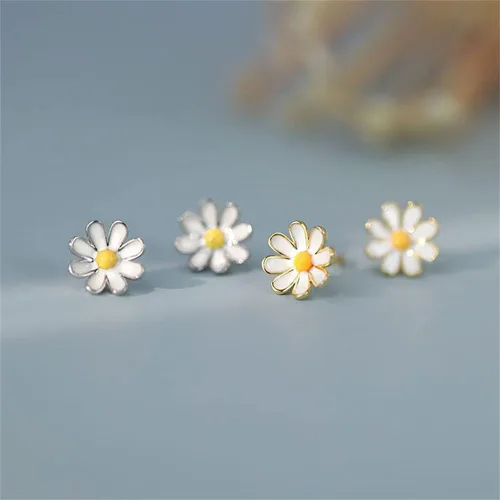 Miniatura 3 de Aretes pequeños esmaltados de verano con margaritas y girasoles blancos delicados de plata de ley 925, cartílago de flores pequeñas, aretes