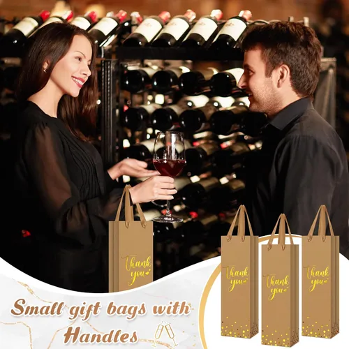 Miniatura 6 de Ctosree 30 bolsas de regalo para botellas de vino con asa de 4.3 x 3.5 x 13.7 pulgadas, bolsa de papel de licor para agradecimiento, papel de Marrón
