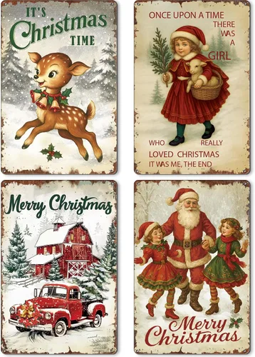 4 letreros de pared de Navidad vintage de metal rojo camión niña pequeña decoración de Papá Noel alce para el hogar, cafetería, decoración retro de