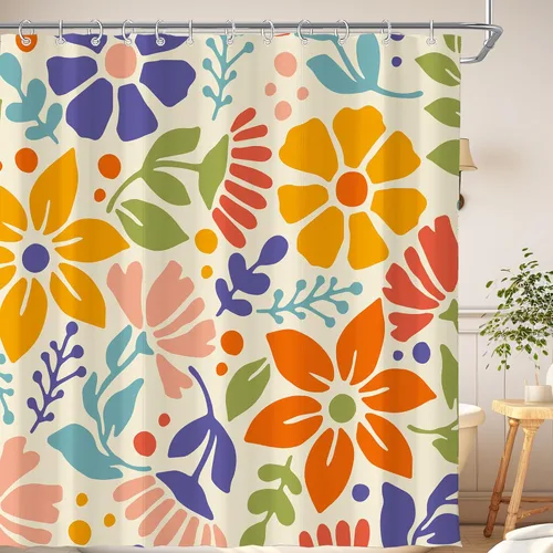 Miniatura 10 de Cortina de ducha pequeña para casa rodante, tamaño medio, estilo retro de los 70, con flores bonitas, estética abstracta de margaritas, decorativa