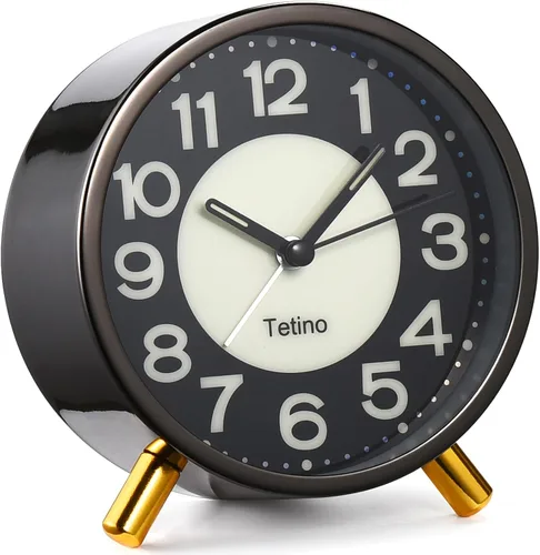 Miniatura 9 de Tetino Reloj despertador analógico, retro de metal, silencioso, sin tictac, con luz nocturna, funciona con pilas, diseño simple, para dormitorios