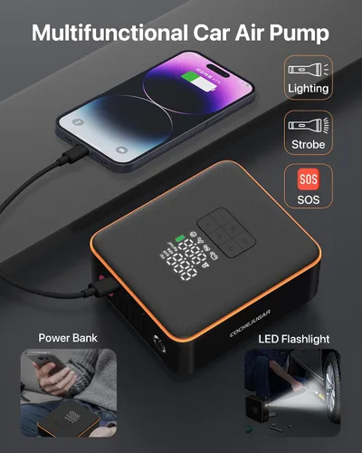 Miniatura 5 de Compresor de aire portátil para inflador de neumáticos, doble potencia inalámbrica 7800mAh 12V CC, inflado rápido 5X con medidor de presión digital