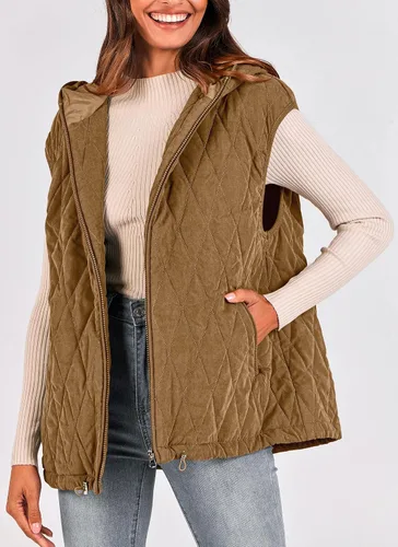 Miniatura 5 de PRETTYGARDEN Chaleco acolchado de otoño para mujer, casual, sin mangas, con capucha, con cremallera, abrigo de invierno