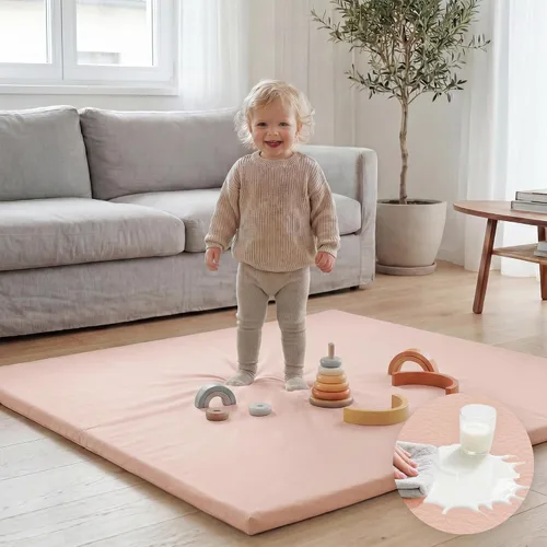 Miniatura 17 de Huloo Sleep Tapete de juego para bebé de 47 x 47 pulgadas, acolchado impermeable de 1.3 pulgadas de grosor, tapete para corral de juegos con cuero