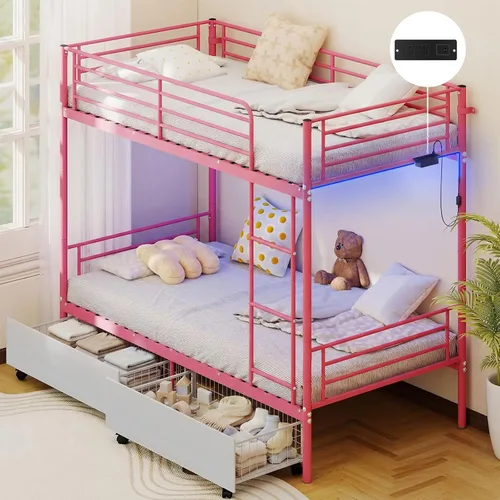 Miniatura 9 de Zevemomo - Litera de cama individual sobre cama matrimonial, literas de metal de bajo perfil con barandilla de seguridad de longitud completa