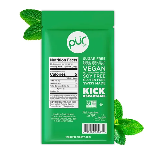 Miniatura 2 de PUR Gum Chicle sin Aspartame 100% Xilitol Chicle con sabor natural a menta verde, 55 piezas (Paquete de 1)