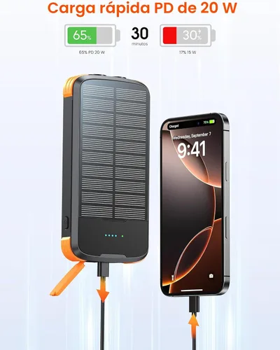 Miniatura 4 de Cargador Solar Banco de Energía, Batería Externa de Carga Rápida PD 20W, 40000mAh Cargador Portátil para Teléfono con 4 Cables Integrados y Luces