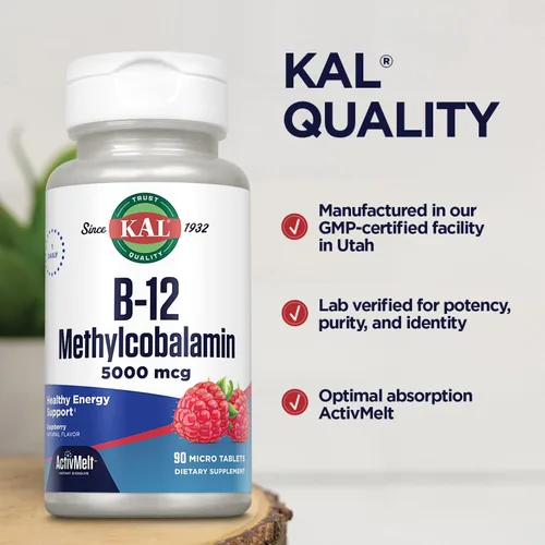 Miniatura 5 de KAL Vitamina B12 Metilcobalamina 5000mcg, energía saludable, metabolismo, nervios y apoyo de glóbulos rojos,* ActivMelts de disolución rápida