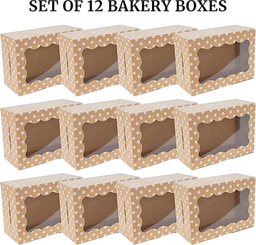 Miniatura 6 de Cajas de Galletas de Lunares - Paquete de 12 - Marrón con Lunares Blancos Caja de Regalo de Panadería con Ventana - para Pasteles, Cupcakes, Fresas
