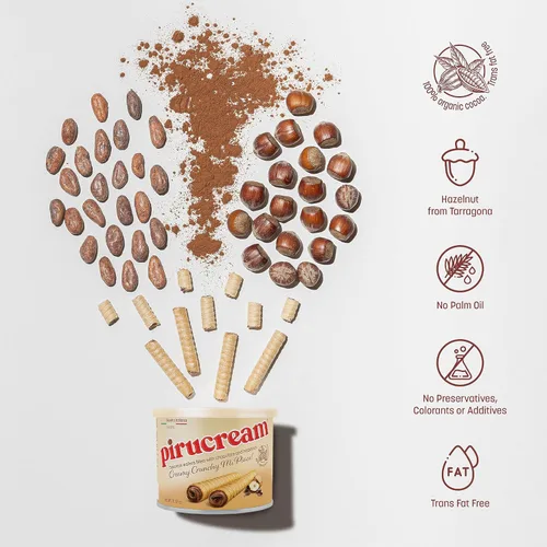 Miniatura 3 de Pirucream Obleas enrolladas con avellana de chocolate, alcalina orgánica 100% cacao, sin grasa trans, conservantes, colorantes o aditivos y sin