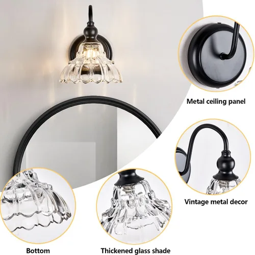 Miniatura 8 de Moderno aplique de pared negro mini lámpara de pared hecha de cuerpo de metal y vidrio estampado prensado retro luz de tocador para dormitorio