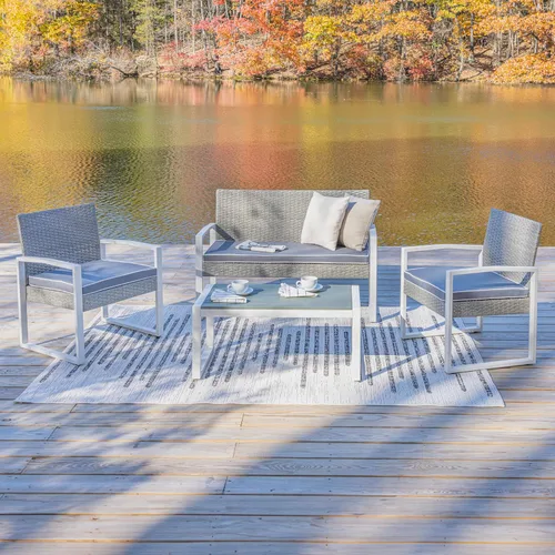 Miniatura 5 de JONATHAN Y Elina LVG1102A-4SET - Juego de 4 piezas para patio al aire libre, muebles modernos de mimbre con cojines y mesa de centro de madera