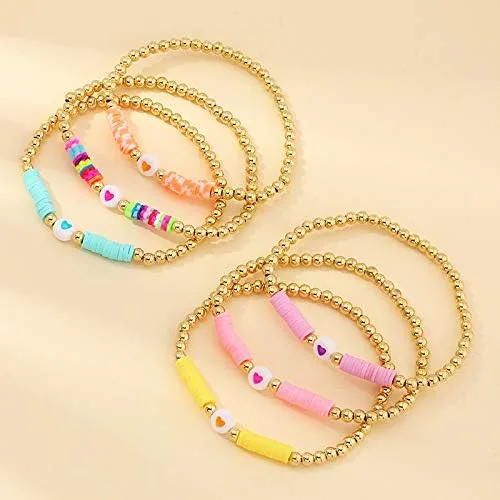 Miniatura 4 de COLORFUL BLING Paquete de 6 pulseras de cuentas doradas con diseño de bola de disco de vinilo arcoíris para mujeres y niñas