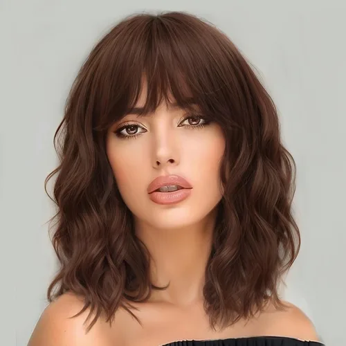Miniatura 9 de AISI HAIR Peluca Bob Sintética Rizada y Ondulada Marrón Natural con Flequillo para Mujeres, 21-23 Pulgadas Marrón oscuro