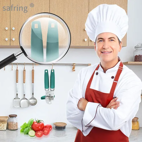 Miniatura 7 de Safring Abrelatas manual, de mano de acero inoxidable resistente y resistente, mango cómodo, borde liso de hoja afilada, abrelatas con abrebotellas