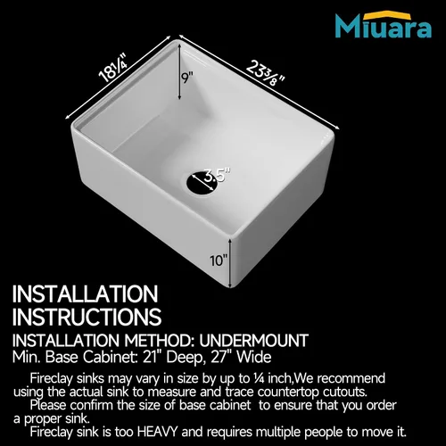 Miniatura 3 de Miuara Fregadero blanco con estación de trabajo de granja de 24 pulgadas, fregadero de cocina frontal con delantal de arcilla refractaria pequeño