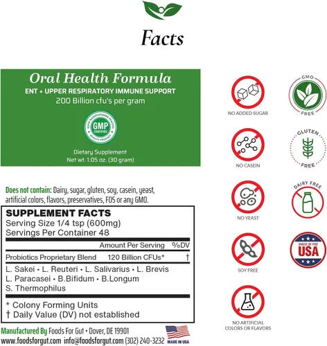 Miniatura 2 de Foods For Gut Probióticos para el cuidado bucal en polvo de 200 mil millones de UFC, fabricado en Estados Unidos, para otorrinolaringología y apoyo