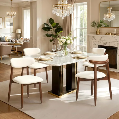 Miniatura 6 de CHUN YI Juego de 2 sillas de comedor tapizadas de madera maciza, sillas auxiliares de cocina de tela moderna de mediados de siglo con respaldo Beige