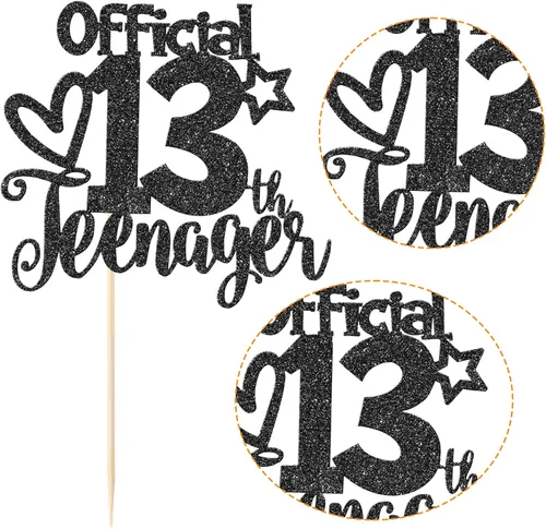 Miniatura 3 de Rsstarxi 1 paquete de 13 decoraciones oficiales para tartas de adolescentes con purpurina negra para decoración de pastel de cumpleaños de 13 años