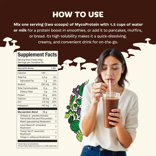 Miniatura 6 de Mycoprotein Mushroom Protein Powder, Chocolate Flavor, 20g Plant Based Protein per Serving, Reishi, Chaga, Lions Mane, Shiitake, Turkey Tail, Vegan