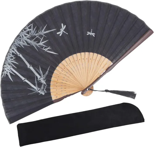 Miniatura 16 de Ventilador de mano plegable para mujer, estilo chino japonés vintage, de seda de bambú, 15 x 8.3 pulgadas, con borla y bolsa para fiesta, boda